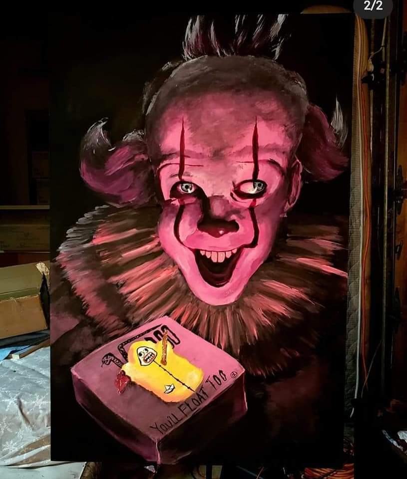 Horror clown painting with a pink glow and a small paper boat