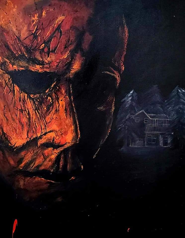 Michael horror portrait with orange mask face and house in the background