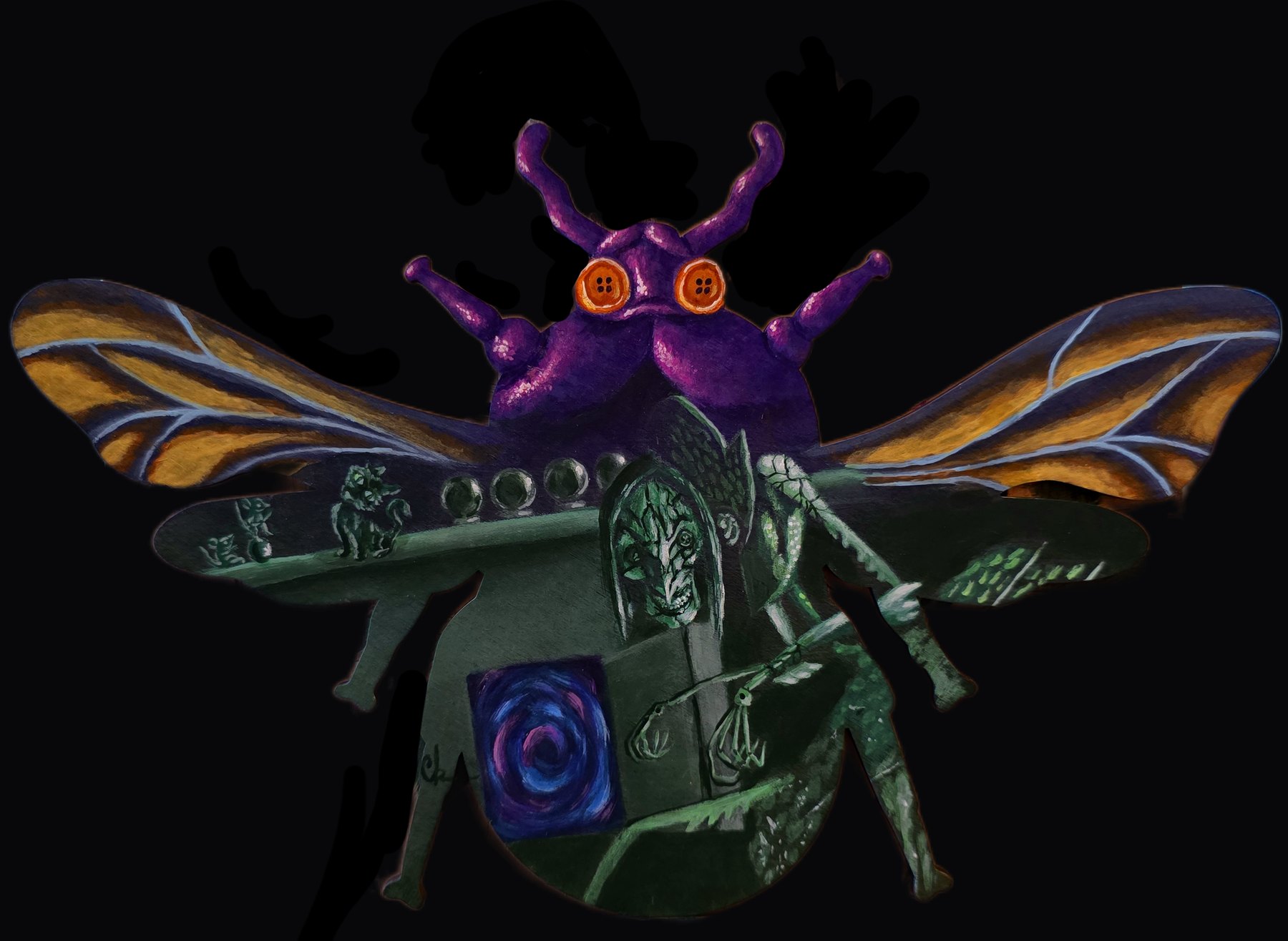 Coraline Beetle original with a colorful beetle, wings, and dark fantasy details