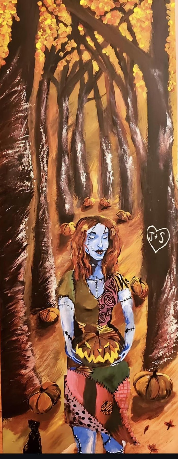 Sally original with a stitched character in a wooded scene